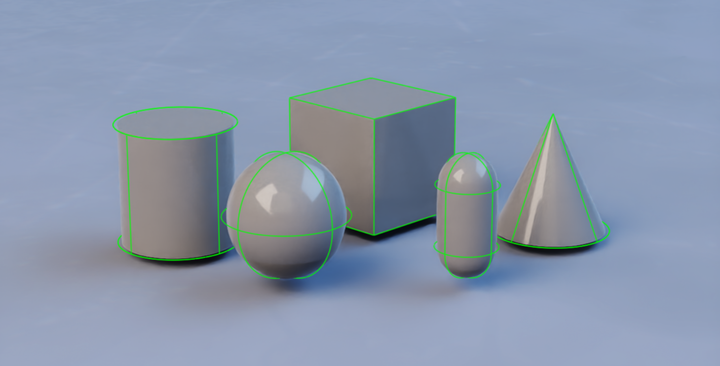 Primitive colliders: cylinder, sphere, box, capsule, cone