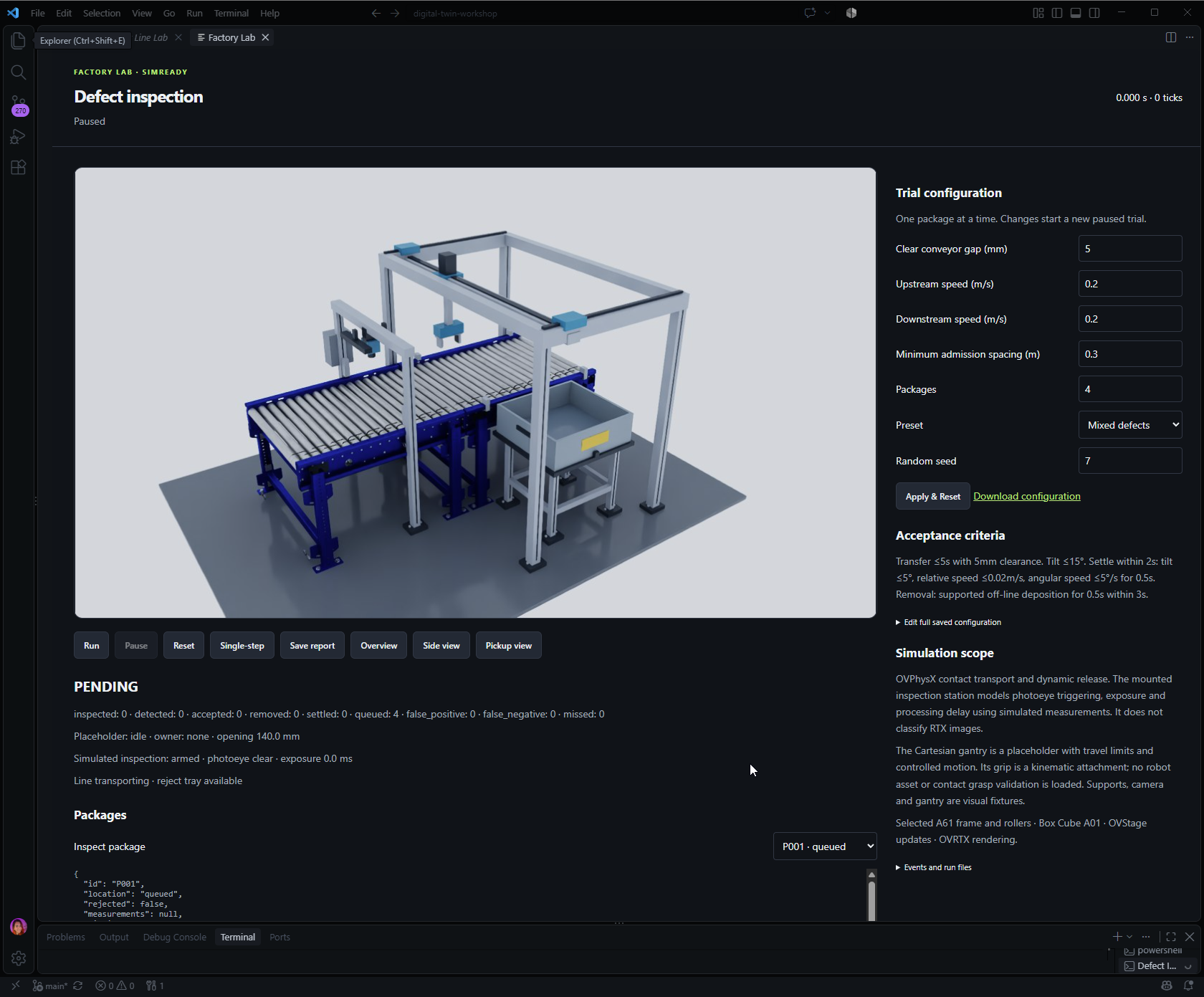 First VS Code viewer with a conveyor cell and kinematic gantry placeholder.