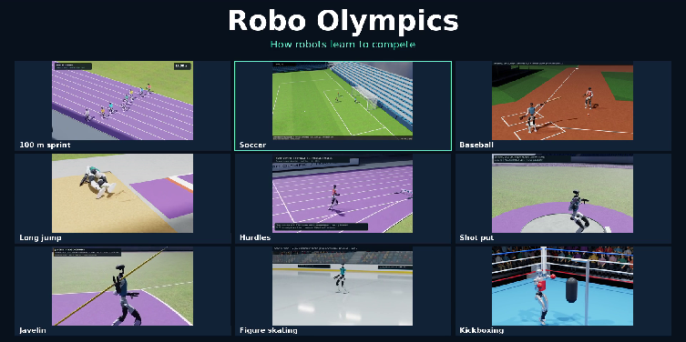 Grid of OVRTX renders showing Unitree G1 humanoids in Robo Olympics events including sprint, soccer, baseball, long jump, hurdles, shot put, javelin, figure skating, and kickboxing.