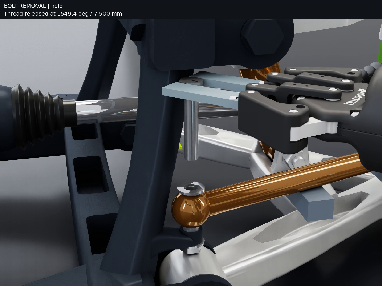Isaac Sim view of a robotic wrench removing a bolt from a car suspension assembly, with an on-screen overlay tracking bolt removal.