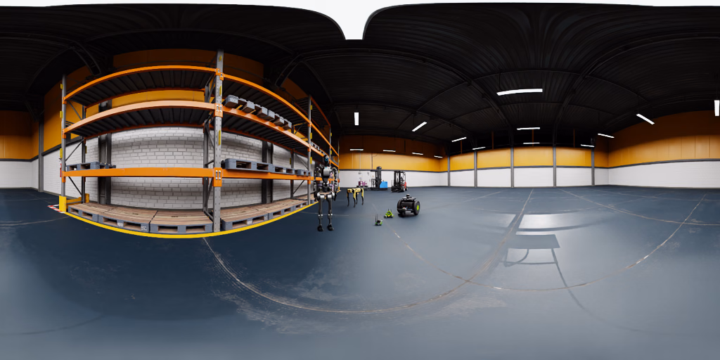 Robot lineup rendered as an omni-directional stereo panorama
