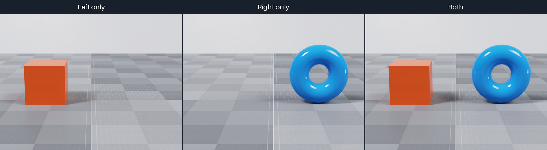 Three cameras rendering the left cube, right torus, and both objects