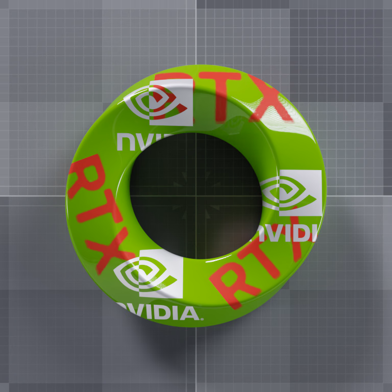 Enlarged red RTX lettering overlapped by silver NVIDIA logos on a curved green logo