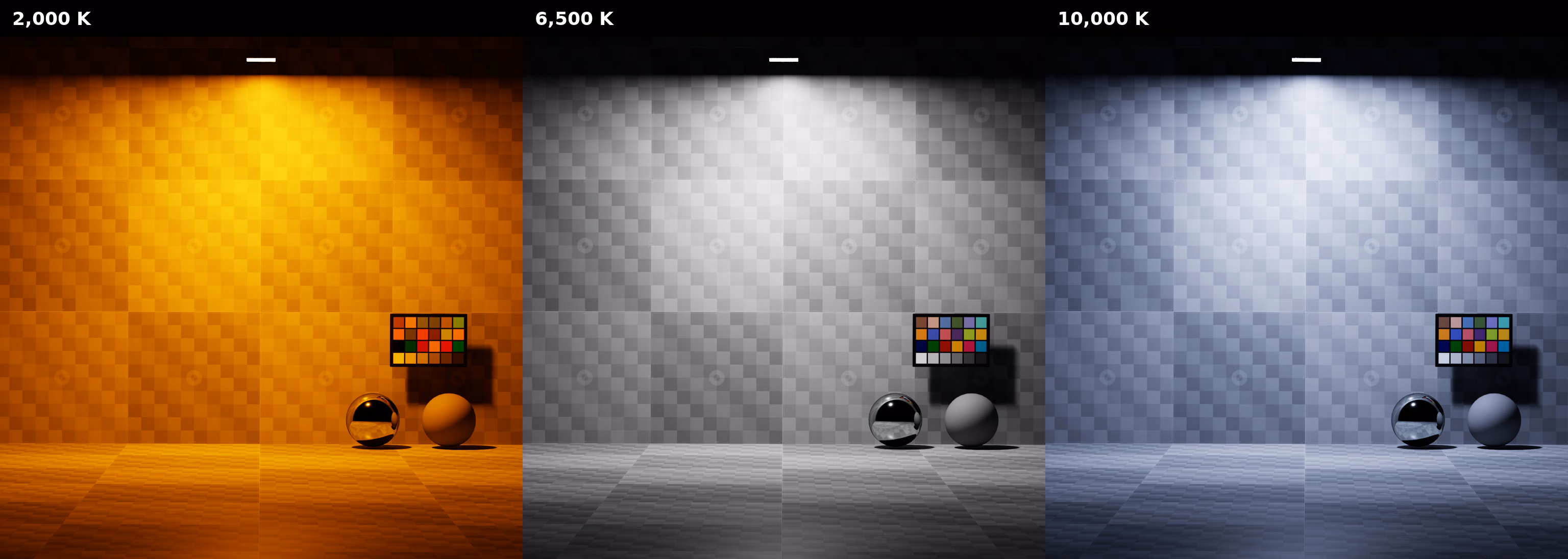 Rect lights with color temperatures of 2000, 6500, and 10000 Kelvin