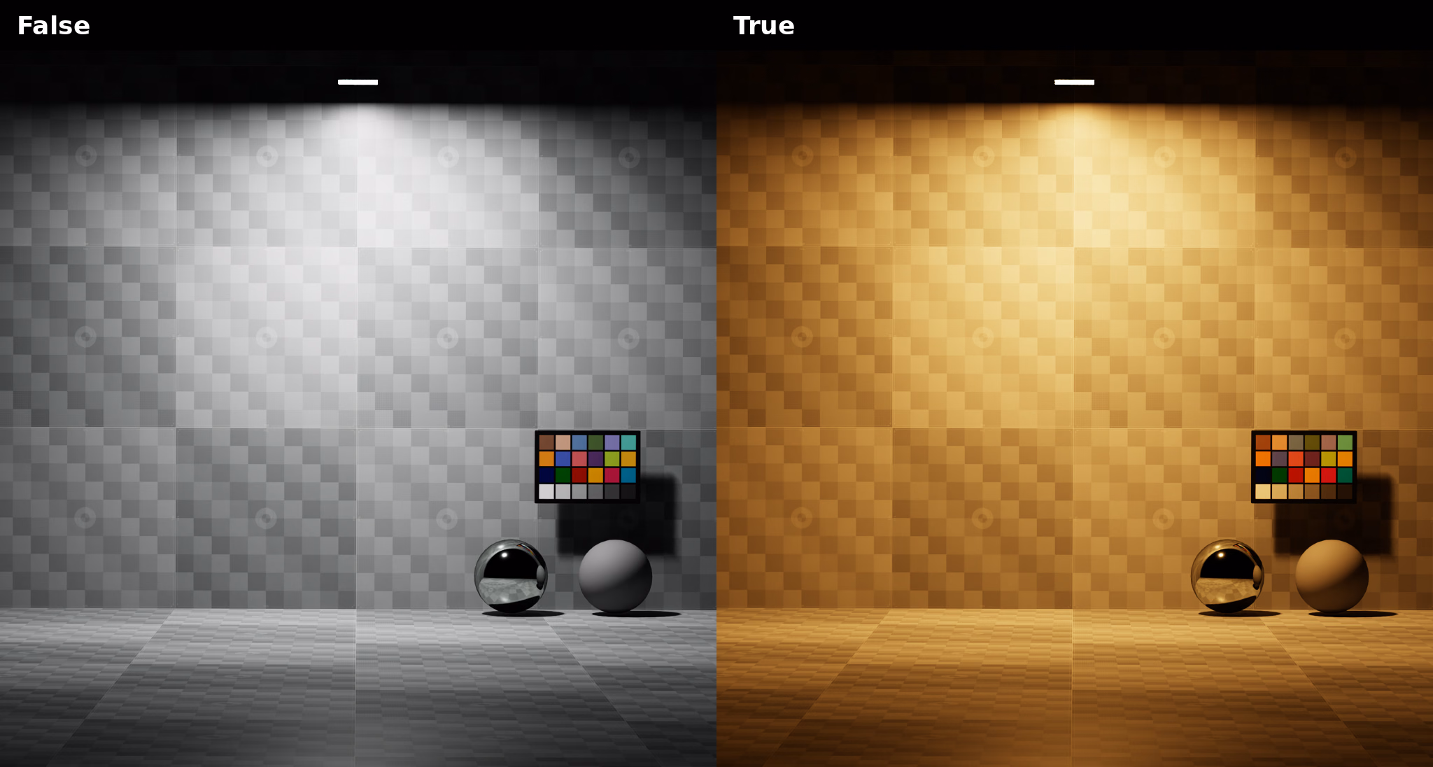 Rect lights with 3000 Kelvin color temperature disabled and enabled