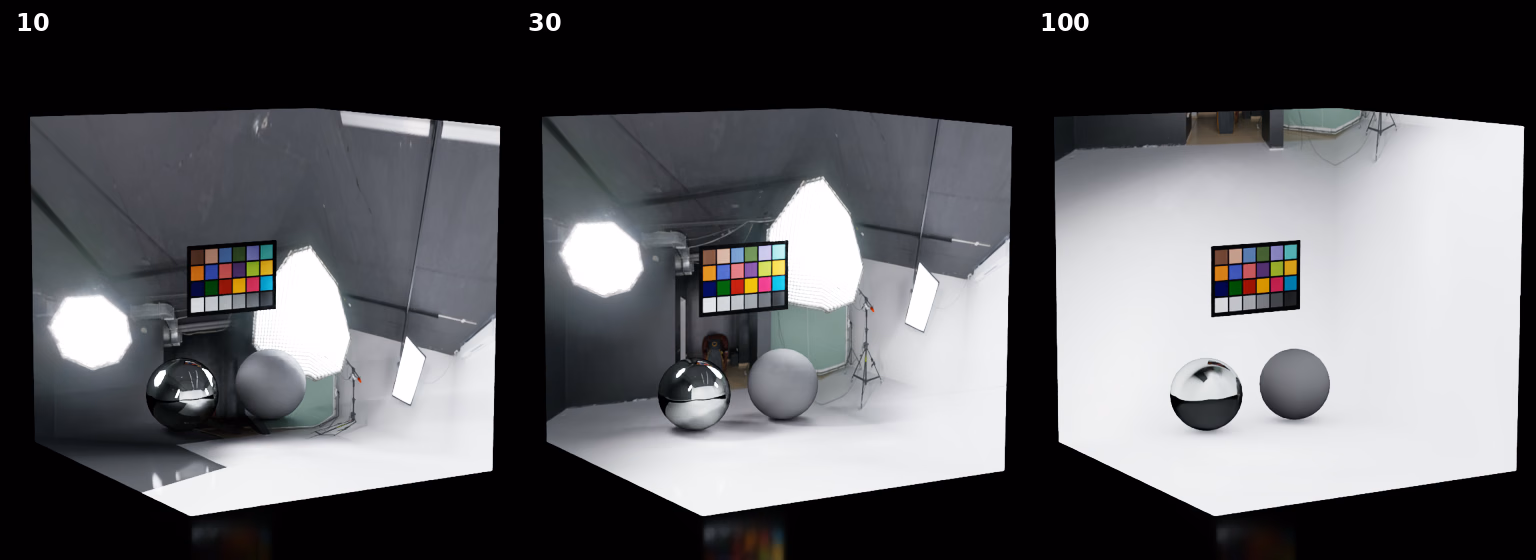 Box-with-ground dome lights with ground texture scale values of 10, 30, and 100