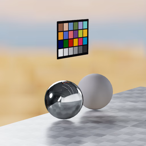 Objects lit by a studio dome against an outdoor dome background, with studio lights reflected in the chrome sphere
