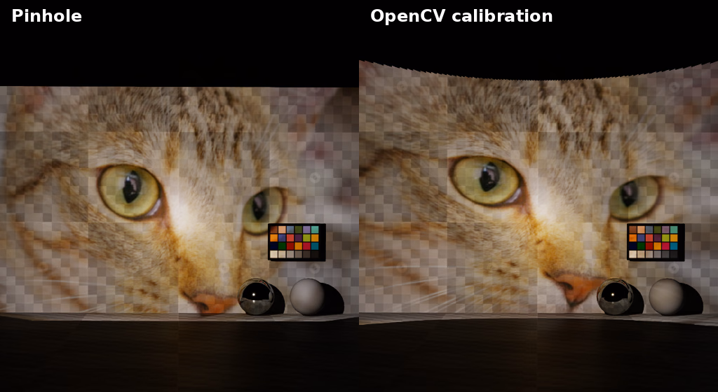 Pinhole and OpenCV-calibrated projector-light outputs