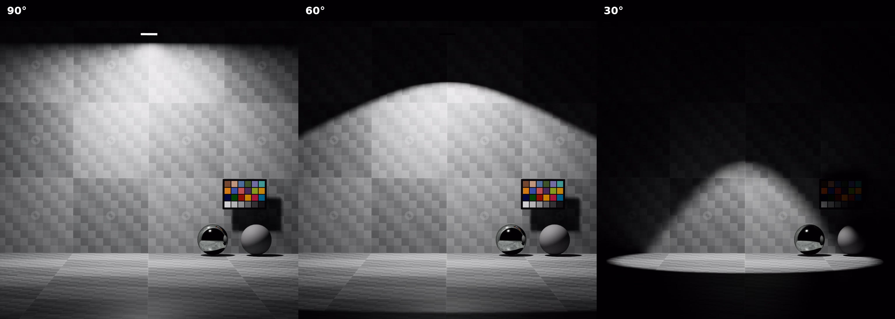 Rect lights with cone angles of 90, 60, and 30 degrees