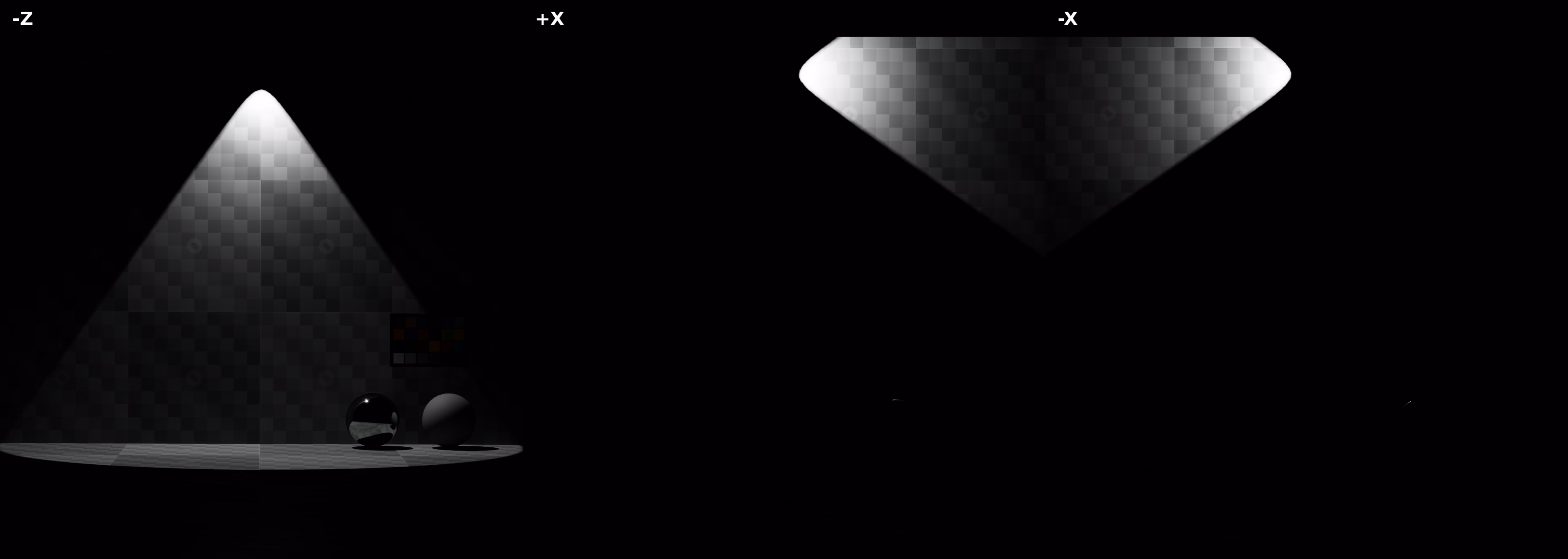 Sphere lights shaped along the local negative Z, positive X, and negative X axes