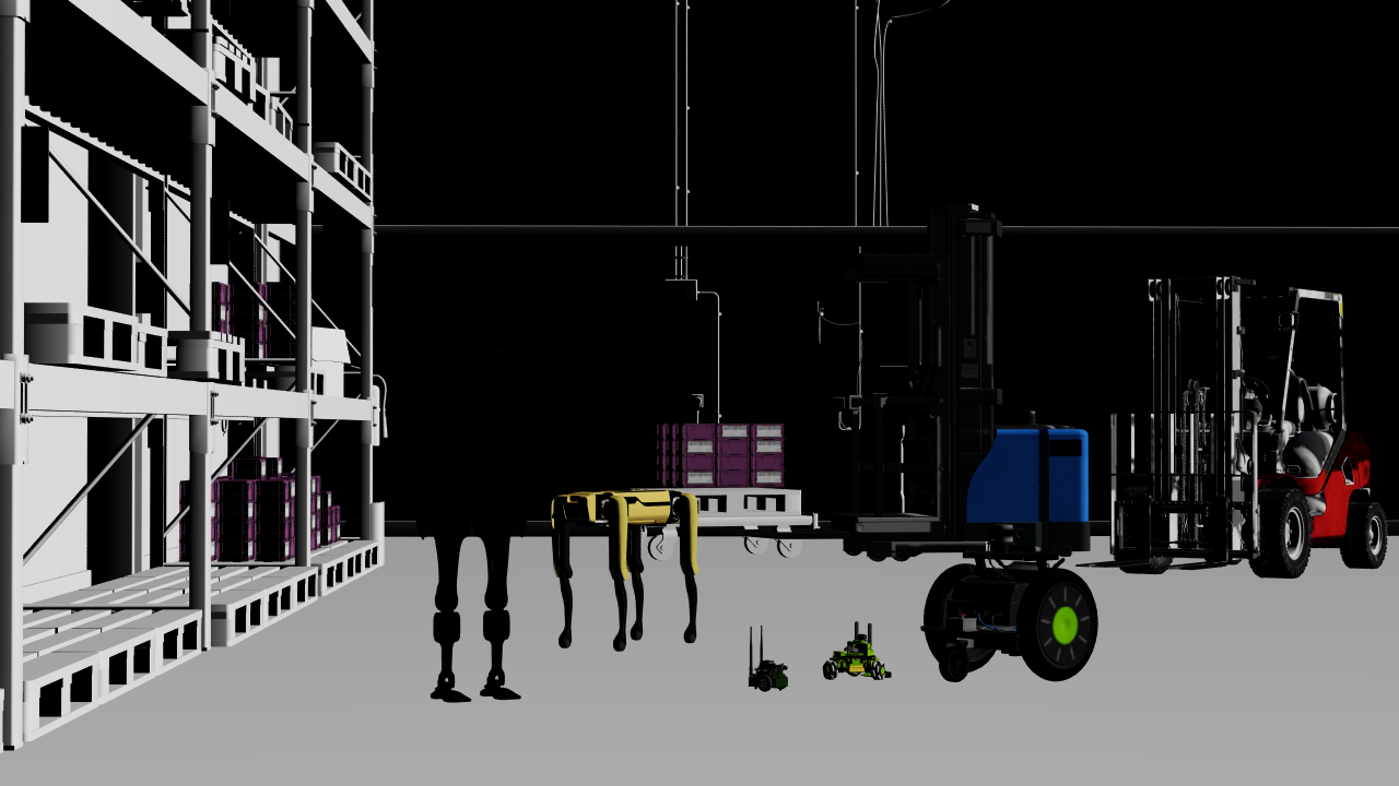 A lineup of robots in a warehouse rendered in Minimal mode with DLSS-SR Quality.